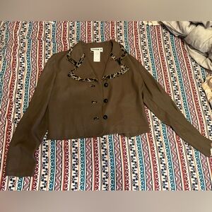 Women's vintage Olive Jacket with Leopard Trim